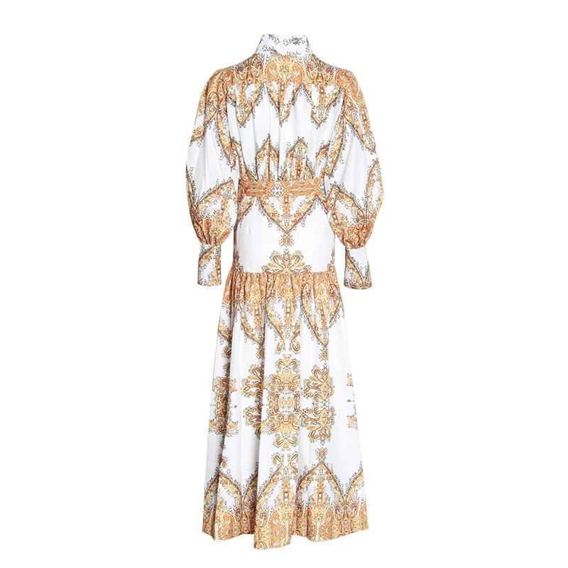 GALCAUR Платье макси с принтом для женщин стоячий воротник рукав-фонарик высокая