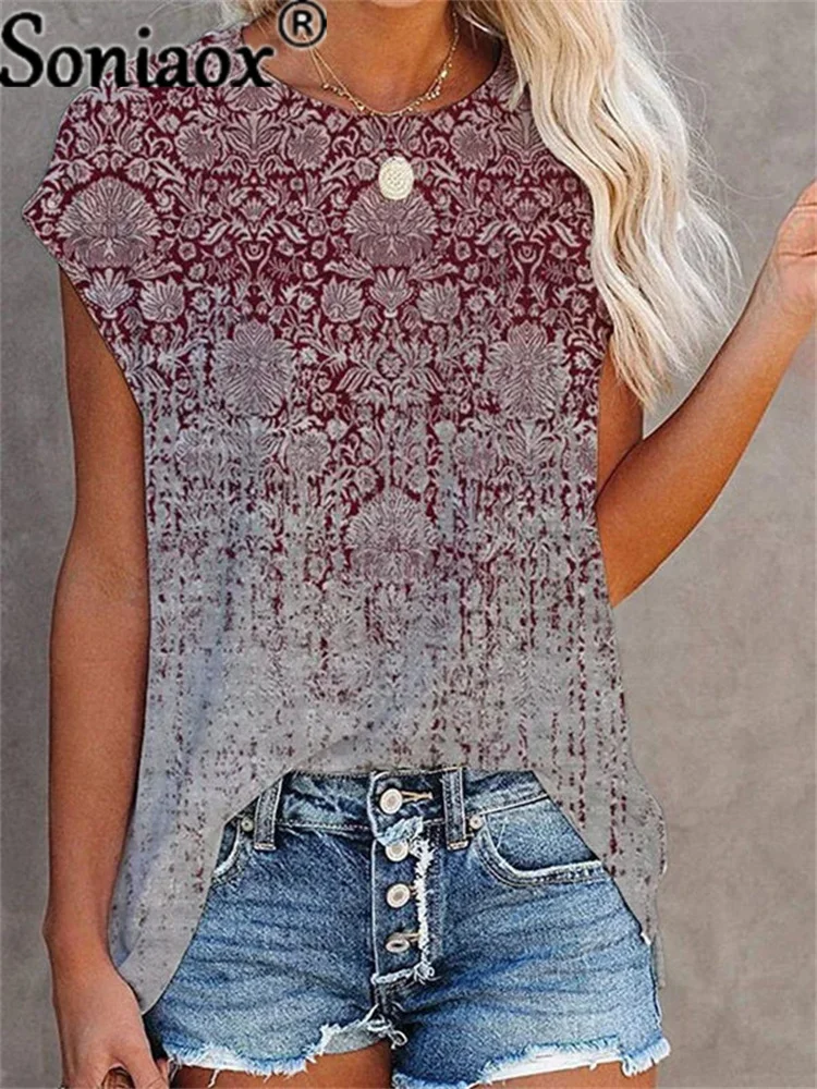 

Women T-Shirt Gradual Retro Vintage Print O-Neck Short Sleeve Casual Fashion Female Tee Tops 2021 Summer Streetwear
