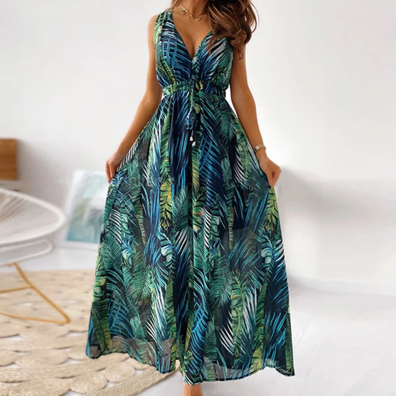

Women Tie-Up Backless Party Beach Dress Sexy V Neck Boho Long Dresses Summer Elegant Print Sleeveless Lady Maxi Dress Vestidos