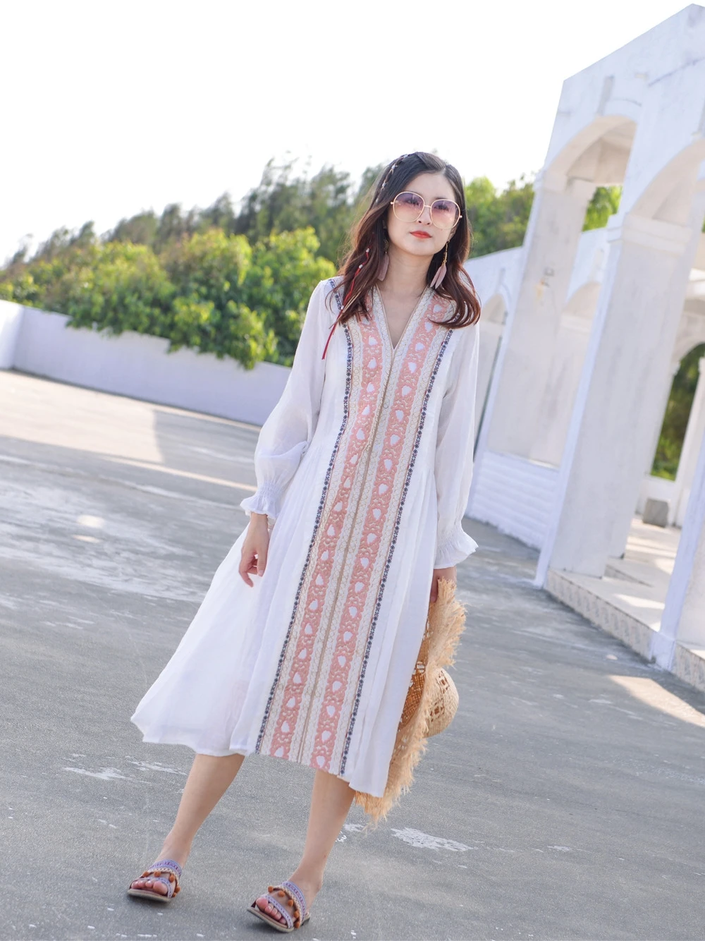 Винтажное длинное платье из хлопка с цветочной вышивкой Элегантные Осенние