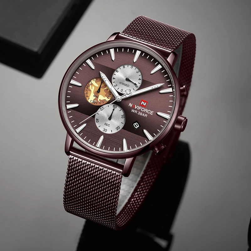 

Часы мужские кварцевые с сетчатым браслетом, модные спортивные водонепроницаемые наручные, со стальным ремешком и хронографом