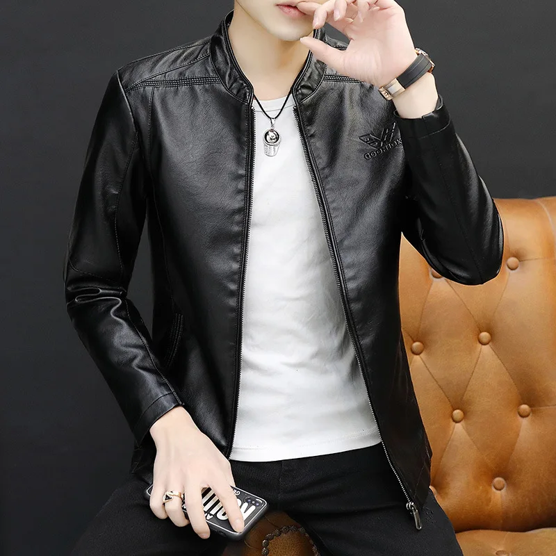 

Fashion men's Korean slim casual stand collar leather jacket men's large leather men's
