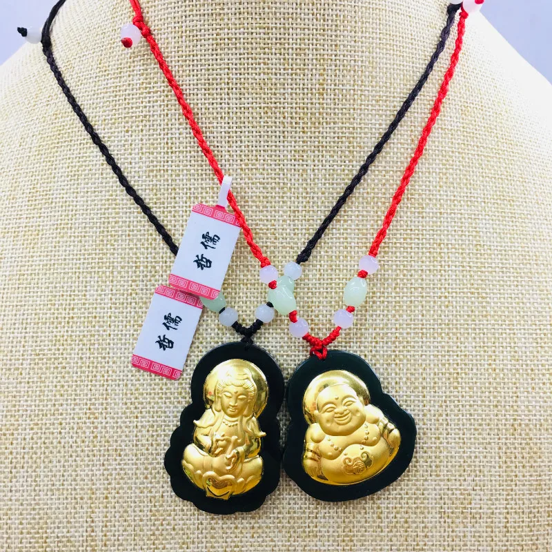 

Send A-level certificate Natural Hetian jade inlaid 24K gold foot laughing Buddha Guanyin pendant with hand-woven necklace