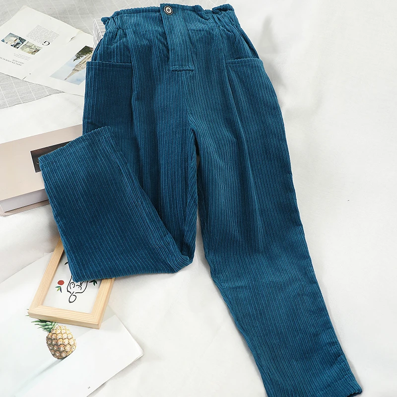 

Elegant Ins Kong Kong Style Simple Harem Pants Solid Color Soft Corduroy Casual Pants Double Pockets High Waist Pants