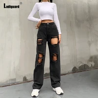 women high cut denim pants girls streetwear sexy fashion straight leg jeans trouser spring hole ripped demin pants harajuku 2022