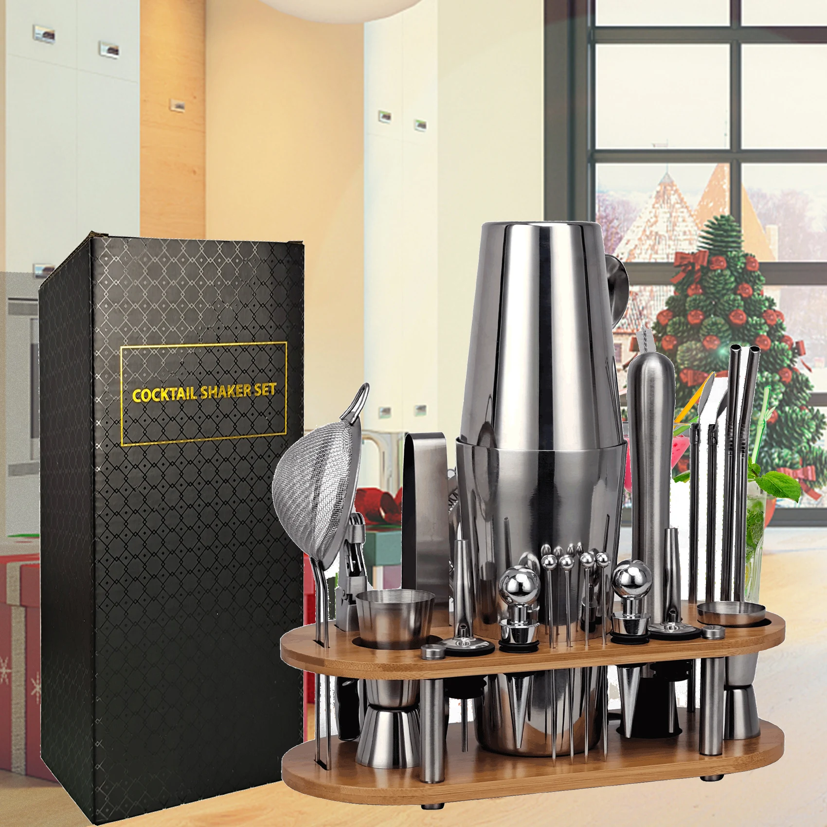 Juego de coctelera de 23 piezas, Kit de camarero con soporte de bamb&uacute; ovalado desmontable, herramientas de Bar para el hogar de acero inoxidable, regalo perfecto-3