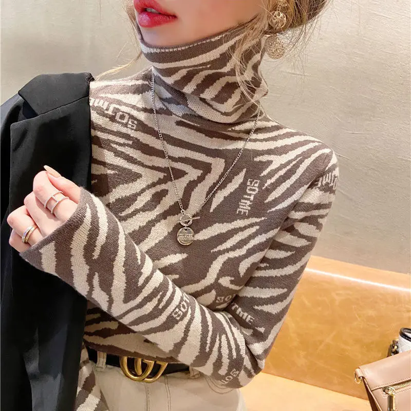 

EBAIHUI Pullover 2021 Spring Autumn Women Knitted Turtleneck Sweater Casual Jumper Zebra Pattern Letter Print Slim Sweaters