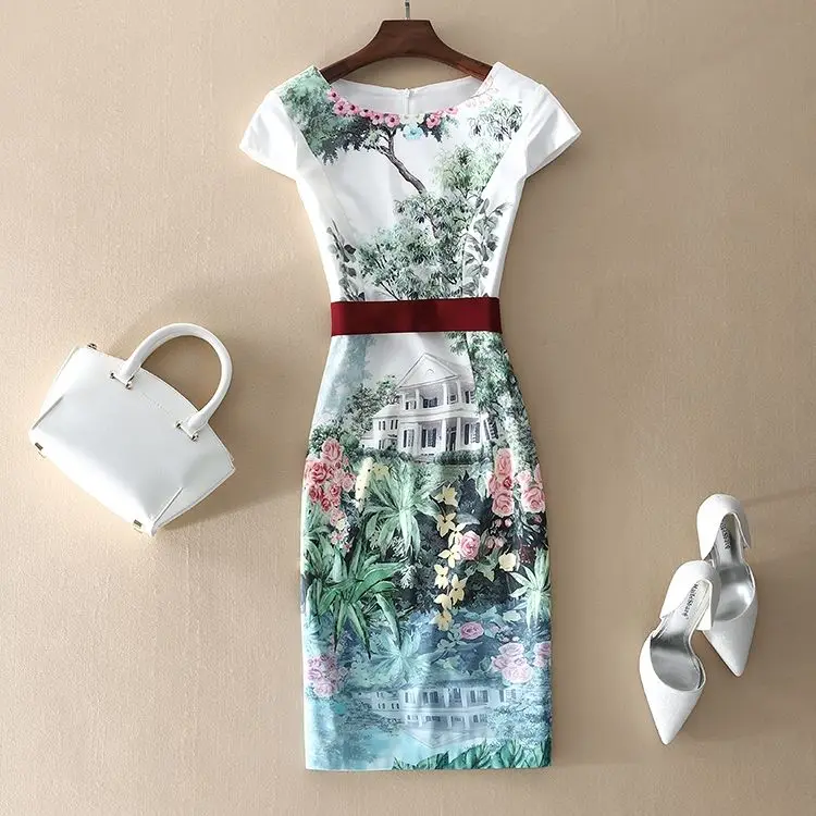 

2021 New Women Fashion High Street Print Floral Bud Split Dresses Female Dress Ladies Elegant O-Neck Long Vestidos B127