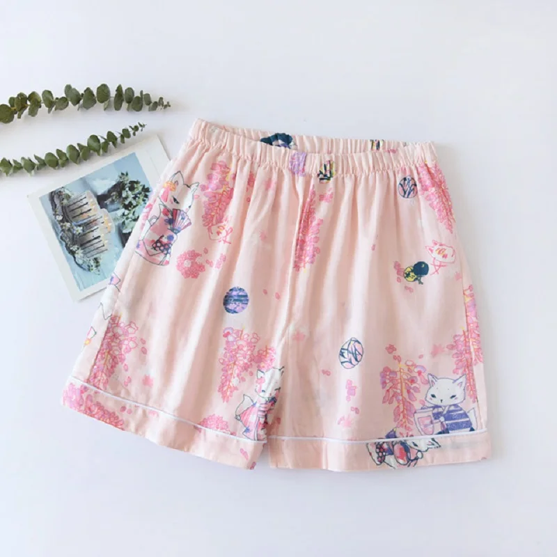 

2021 Spring Summer New Ladies Soft Cute Cartoon Printed Sleep Bottom Loose Gauze Cotton Shorts Women Large Size Household Wear