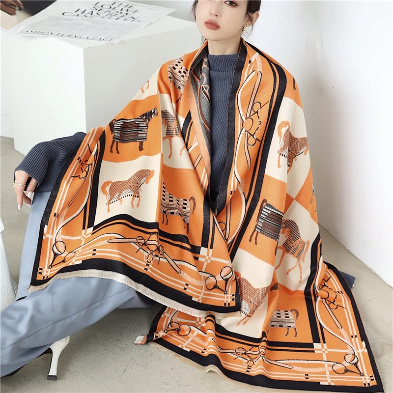 

Роскошный шарф 2022, хиджаб, женский зимний теплый толстый кашемировый мягкий шарф с принтом лошади, женский шарф, шаль и накидка