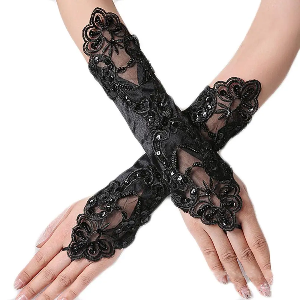 

Fashion Flower&Rhinestones Gloves Bride Elegant Lace Fingerless Bridal ngagement&Wedding White Women Wedding Party Temperament