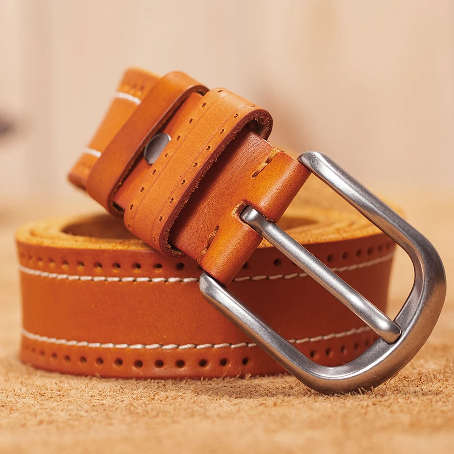 Vintage Men Belts Of Genuine Leather Luxury Design Pin Buckle Belts For Jeans Sewing thread Waist Strap Belt ceinture homme