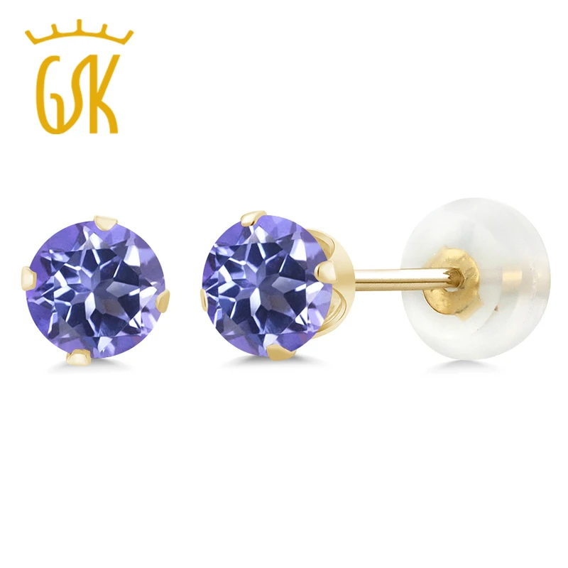 GemStoneKing 1,30 карат Круглый 5 мм натуральный голубой Мистик Топаз драгоценный камень серьги гвоздики для женщин 10 к Желтое золото хорошее ювелирное изделие