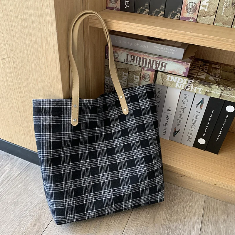 

Retro Plaid Pattern Women's Simple Shoulder Bags Vintage Ladies Canvas Shopping Handbags Large Capacity College Girls Tote Bag