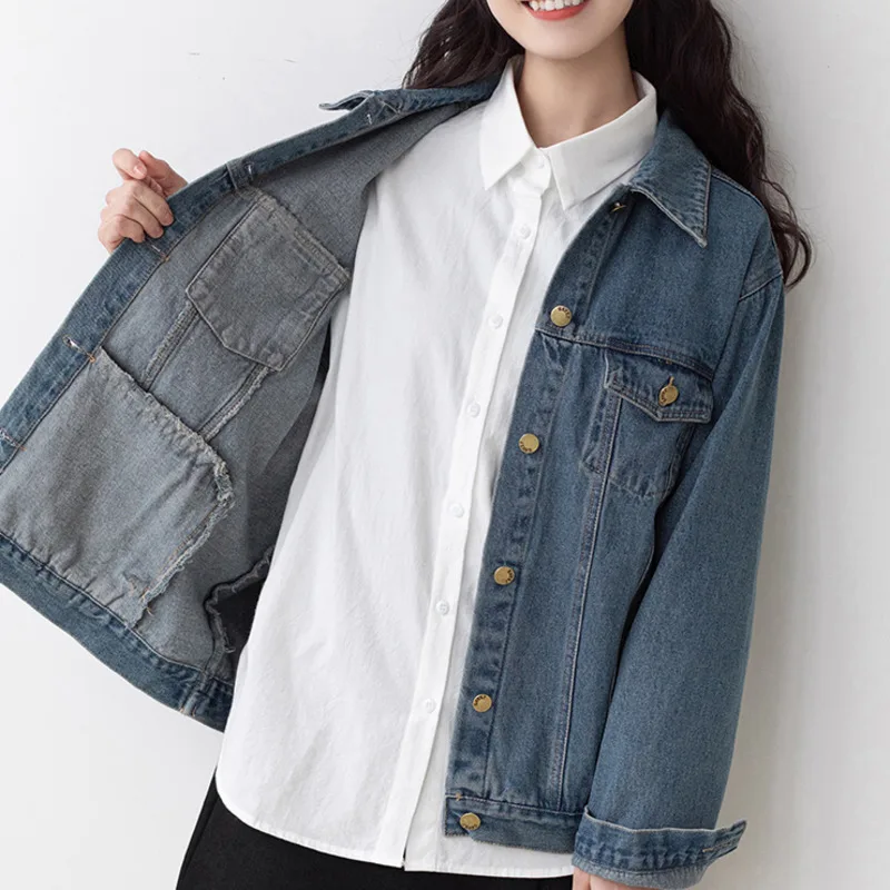 

Vintage Jacket Women Blue Denim Jacket Spring Autumn Jeans Coat Casual Single Breasted Pockets Harajuku Streetwear Female Coat