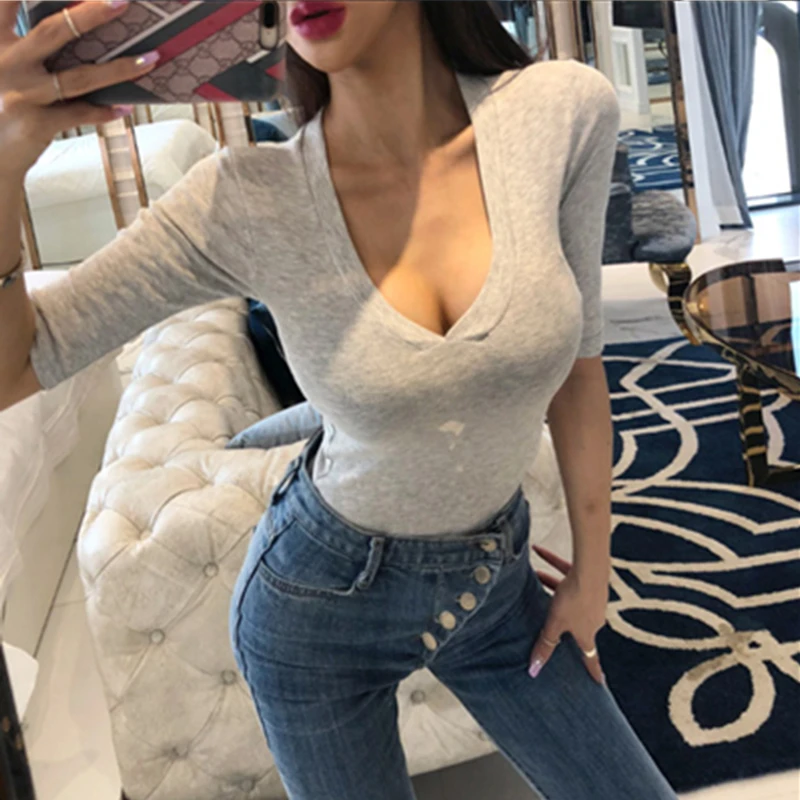 

LD T Shirt korean style t-shirts 2021 Sexy tshirts cotton Short Sleeve Deep V-Neck Summer Tops tee shirt femme White Gray