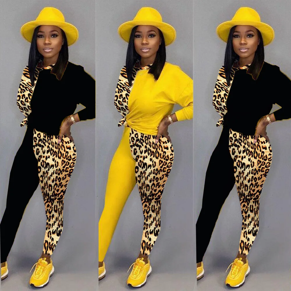 Leopard Splice 2 Piece Set Women Tracksuit 2020 Festival Clothing Top Pants Sweat Suits Two Piece Outfits Matching Sets