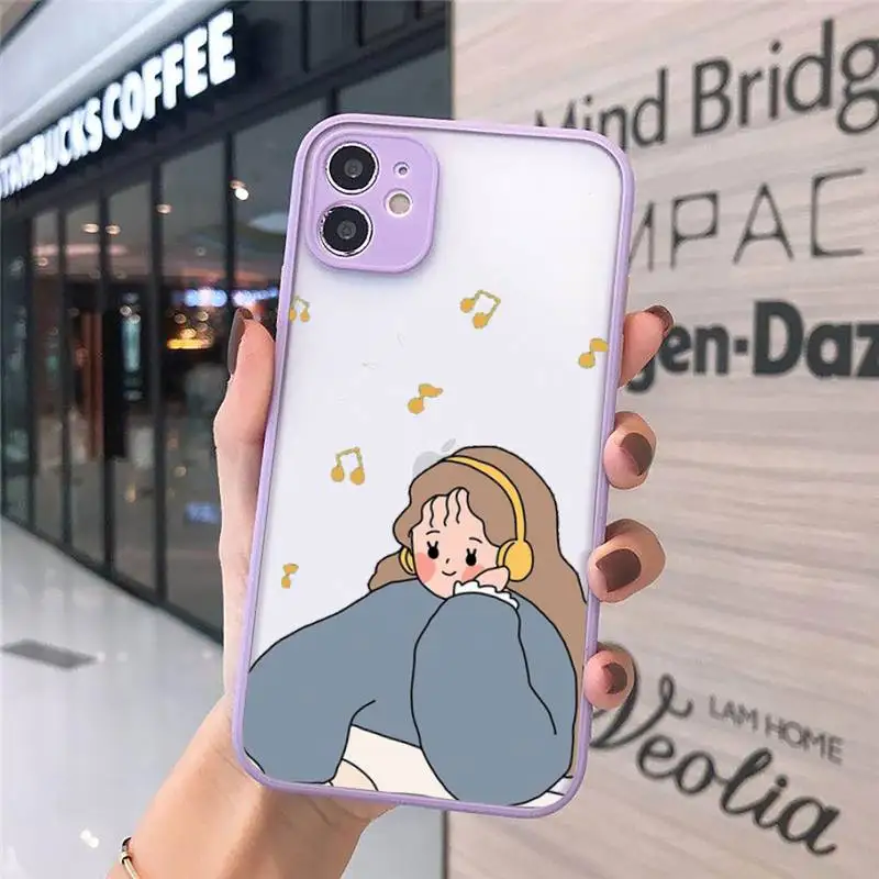 

Aesthetic cartoon girl Phone Cases Matte transparent For Purple iPhone 12 Mini 11 Pro XR XS Max 7 8 Plus X Back Cover