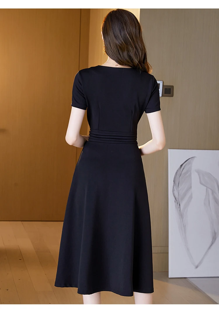 

Chiffon Slim Women's Dress New Casual Dresses Solid Color Mid-length Fashion Short Sleeve V-neck Summer Houthion