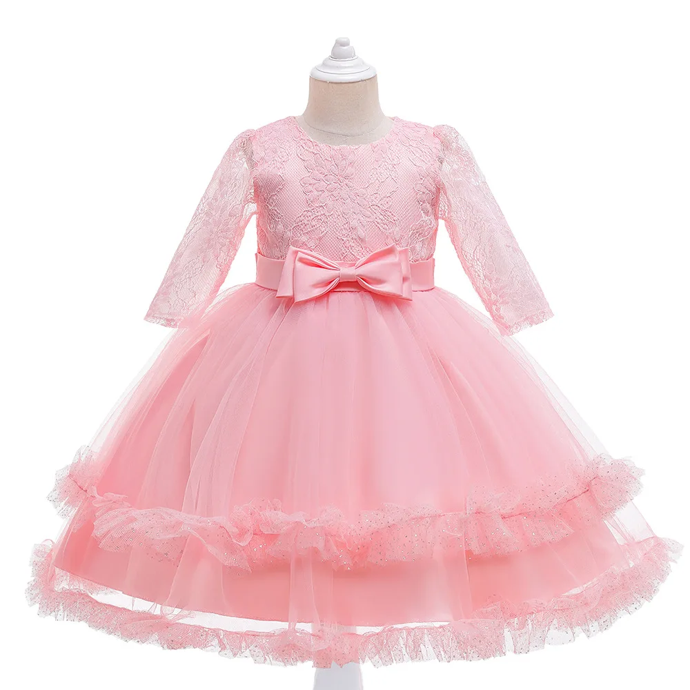 

Детское милое розовое кружевное платье с длинными рукавами и цветами для девочек, официальное платье на свадьбу, торжество, вечерние ринку, ...