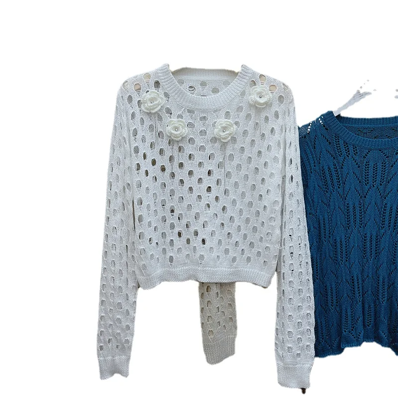 

Autumn Knitted Wear Pullovers Female Crocheted Hollow Out Round Neck Diamond-Embedded Flowral Sweater Pullover Knitted Top Women