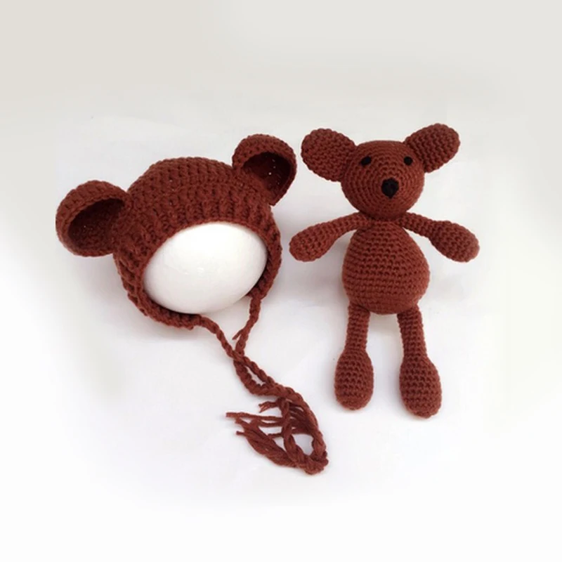 Baby Bear Bonnet Photography Props Knitted Teddy Hat Crochet Newborn Flower Girl Photo Prop Cotton | Детская одежда и обувь