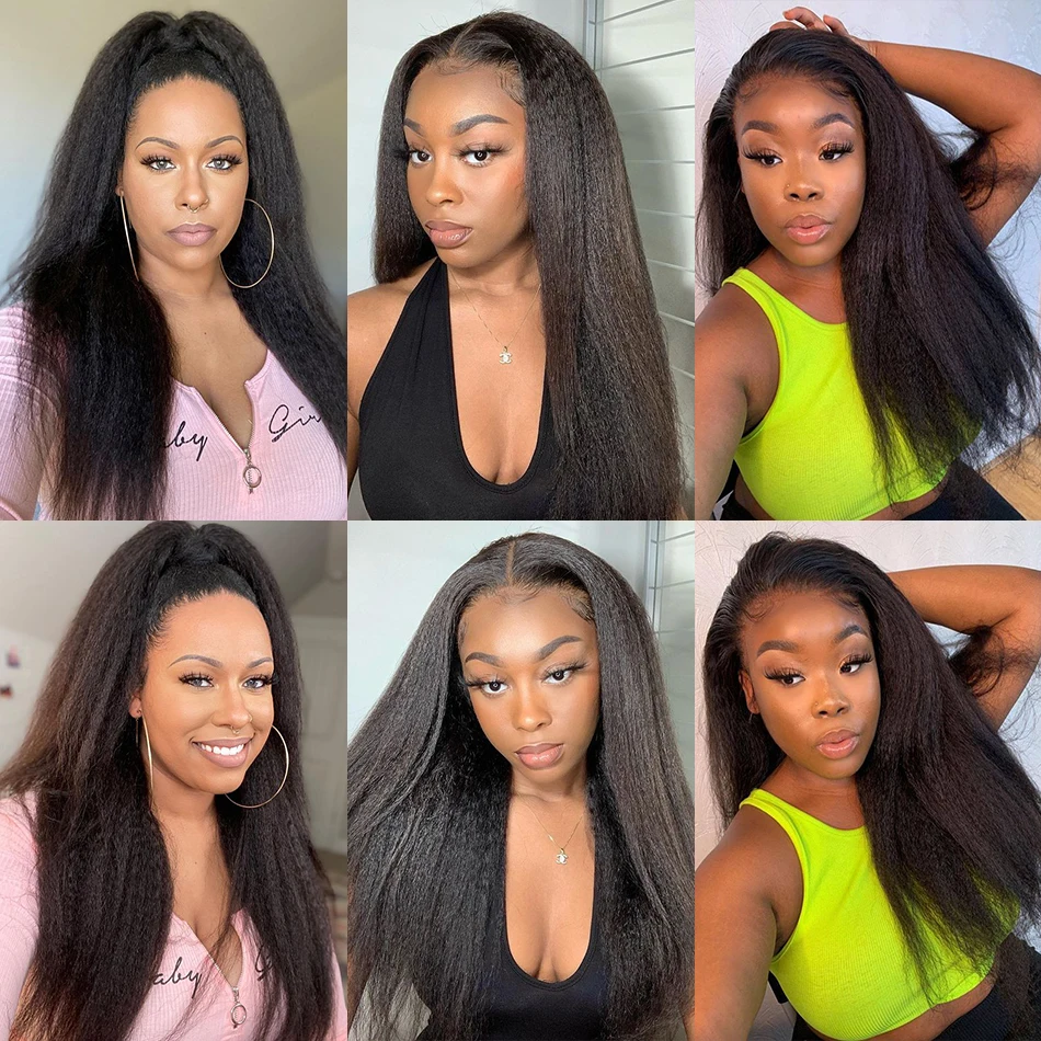 Kinky Straight Wig 13x4 Lace Front Human Hair Wigs Brazilian Virgin Glueless For Woman Afro 180 Density | Шиньоны и парики