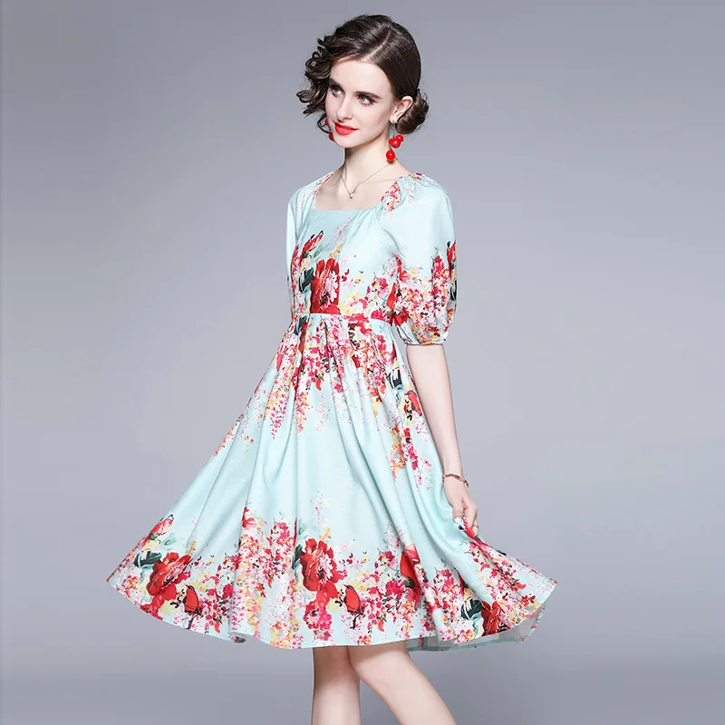 

WTIANYUW 2021 New Summer Women Holiday Series Fashion Square-Neck Puff Sleeve Flower Floral Print Short-Sleeve Dress