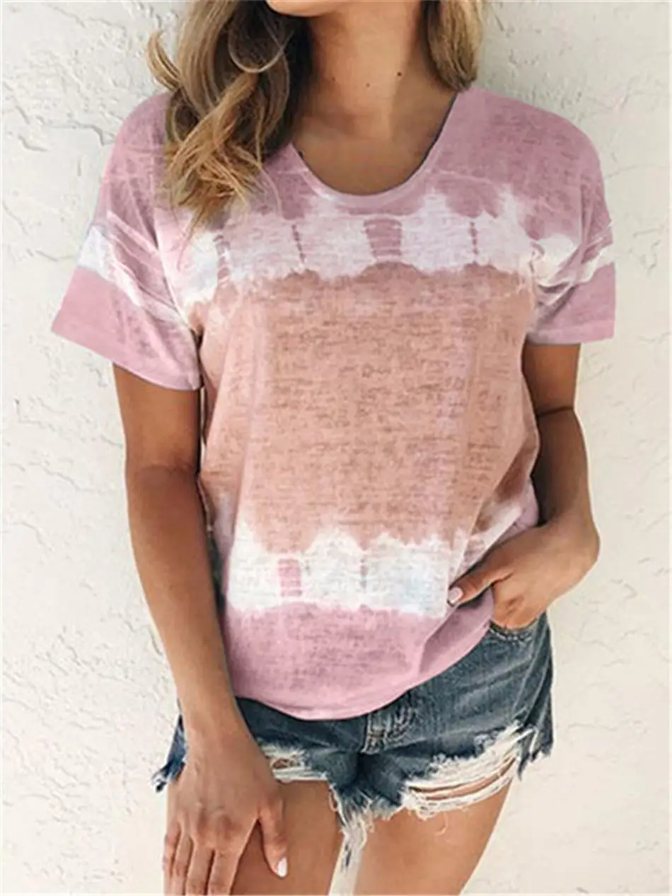 

Women Gradient Shirts S-5XL Summer Short Sleeve Round Neck T-shirt Loose Causal Patchwork Color Shirt Girls Tops