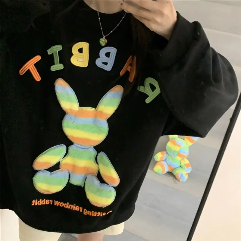 

Oversized Chic Doll Embroidered Round Neck Hoodies Womens Autumn Clothes Women 2021 Korean Fashion Kawaii Sweatshirts Pullover