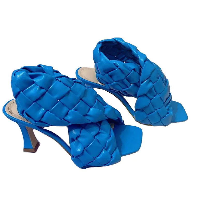 

2021 New Women Pumps Fashion Weave Thin High Heels Female Square Peep Toe Ladies Sandals Sexy Woman Party Elegant Pumps Shoes