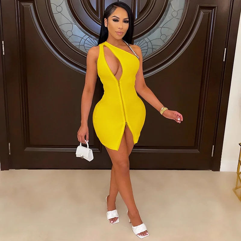 

Sexy Cut Out One Shoulder Bandage Mini Dresses for Women Summer 2021 Hollow Out Zipper Bodycon Clubwear Party Birthday Outfits