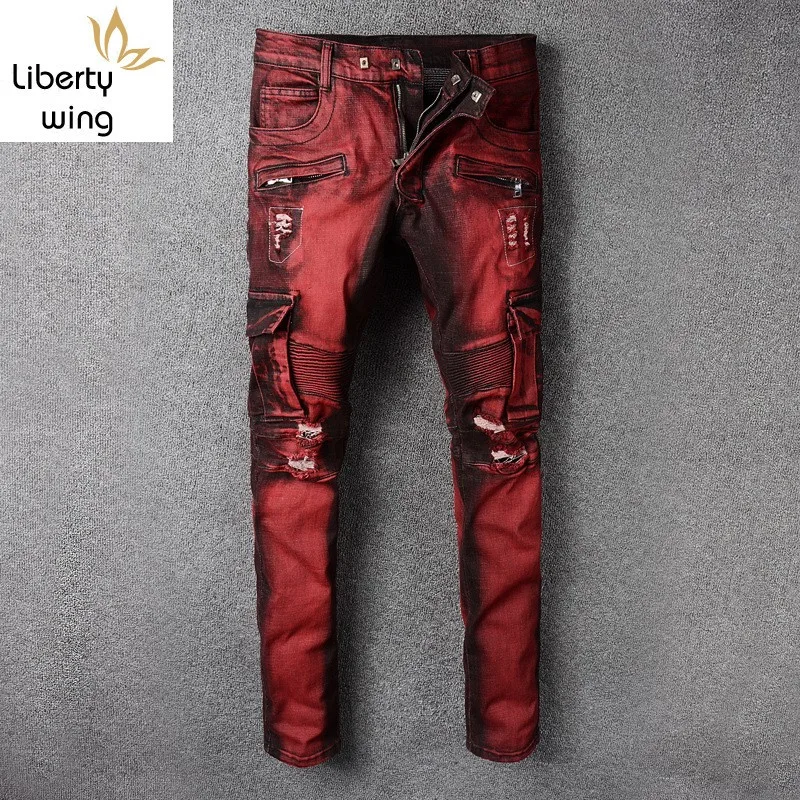 New Mens Punk Retro Red Hole Ripped 