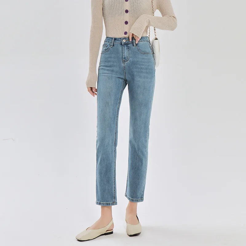 2021 women's autumn and winter light-colored high-waisted slim straight-leg jeans