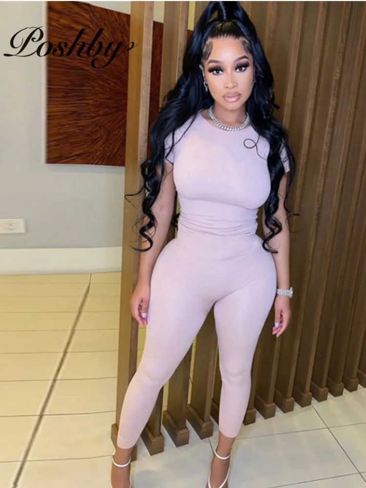 

Poshby Summer Women Ribbed Solid Sporty 2 Piece Set 2021 Casual O Neck Short Sleeeve Top and High Waist Bodycon Pants Outfit