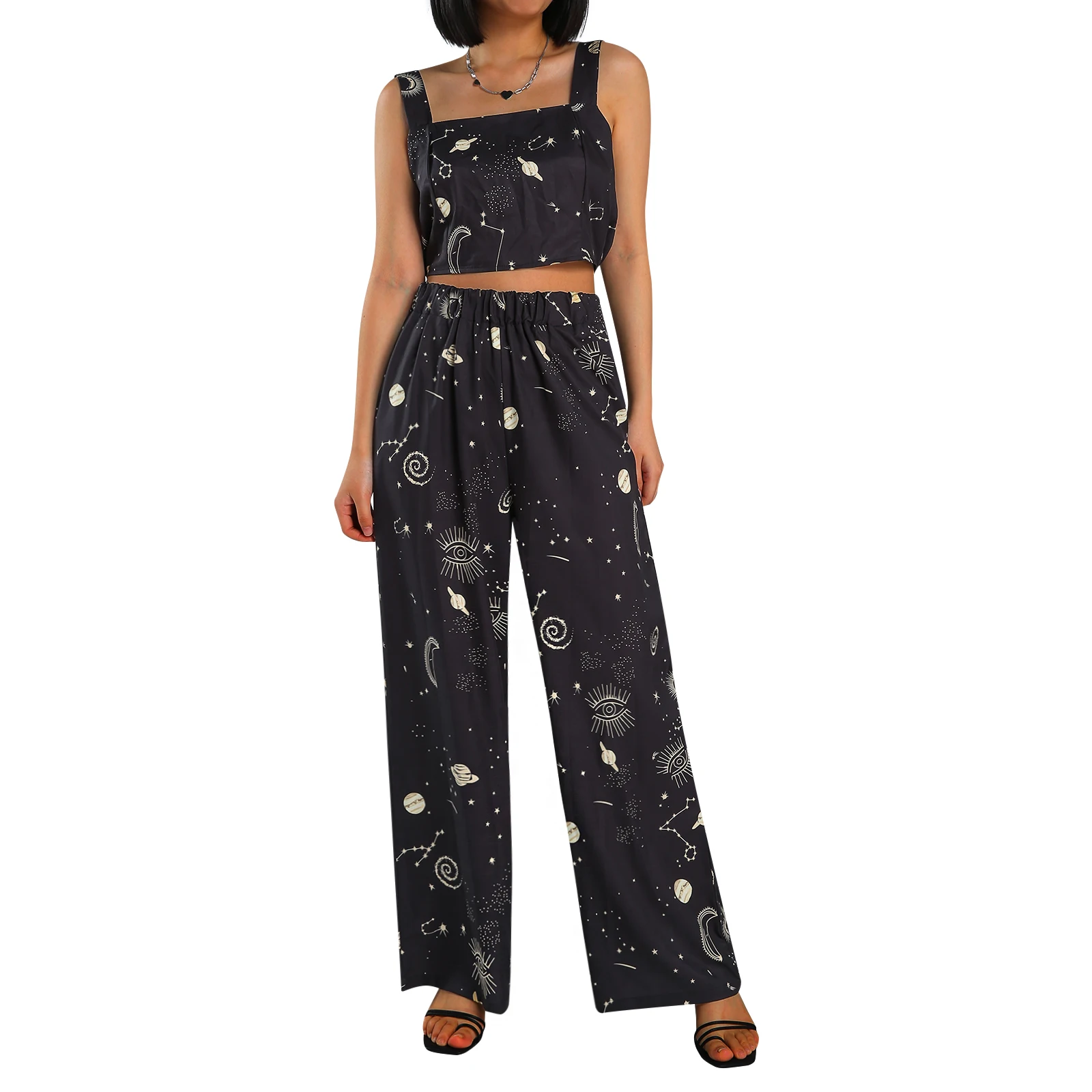 

Женский летний костюм из 2 предметов, повседневный укороченный топ без рукавов с космическим принтом и вырезом лодочкой + широкие брюки с эл...