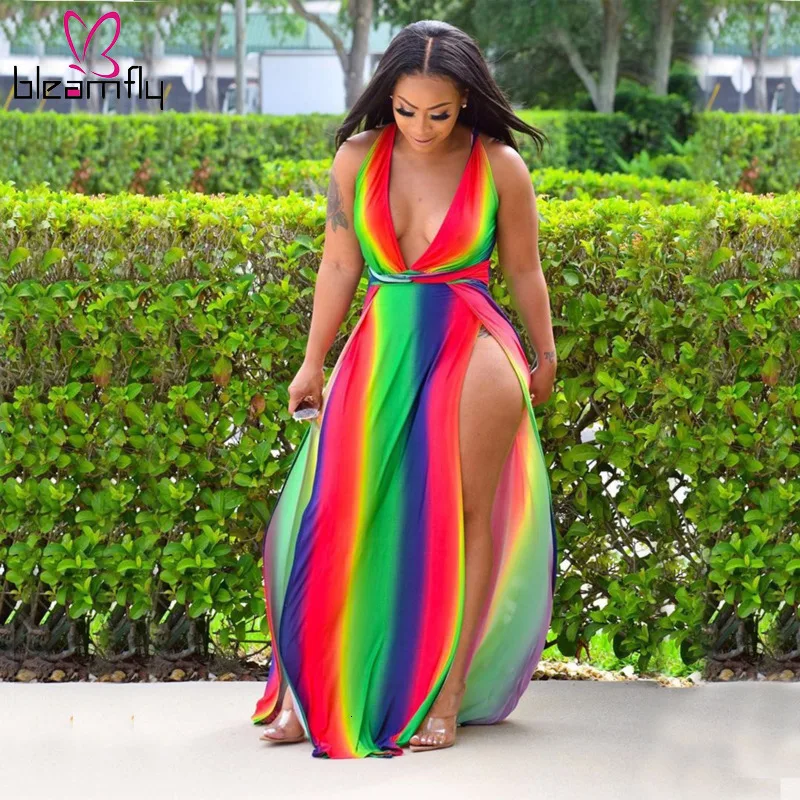 Радужное Сексуальное Платье макси с разрезом и принтом женская одежда для