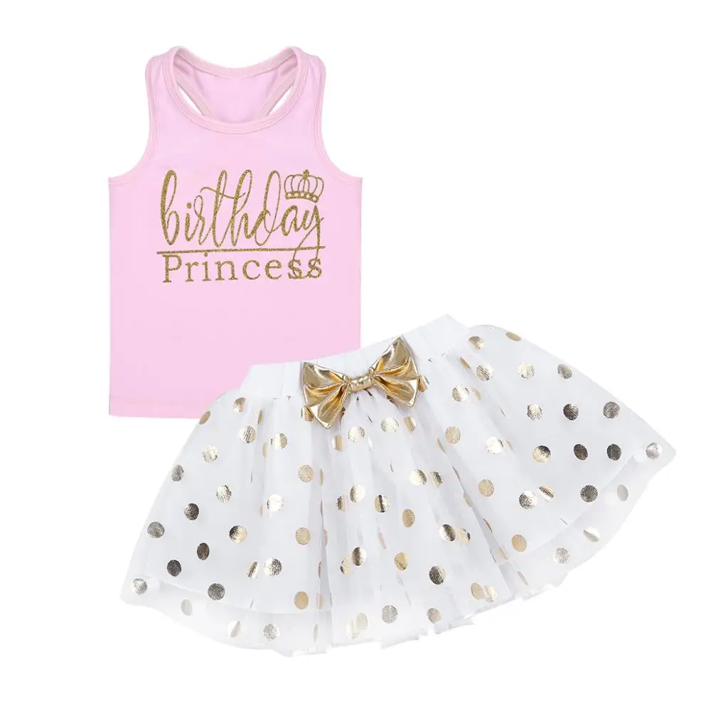 Infant Baby Girls Birthday Princess Outfit Set Sleeveless Tanks Cotton Top with Golden Polka Dot Tulle Tutu |