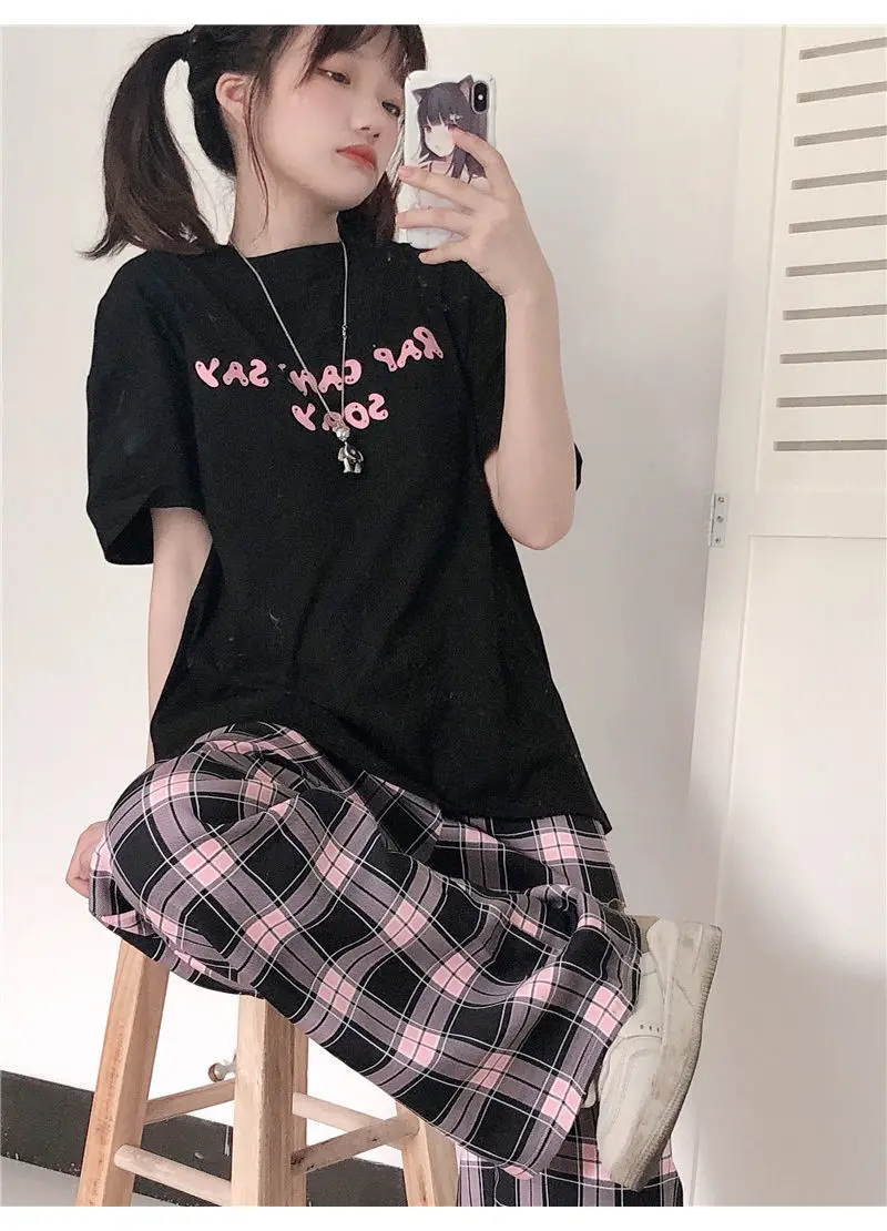 Black and pink Plaid pants Oversize New Women Casual Loose Wide Leg Trousers Ins Retro Teens Straight Hiphop Streetwear | Женская одежда