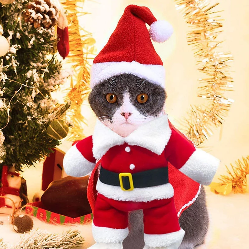 

Рождественская одежда для домашних животных, костюм Санта-Клауса для собак и кошек, зимняя куртка для щенков и кошек, костюм с шапочкой, тепл...