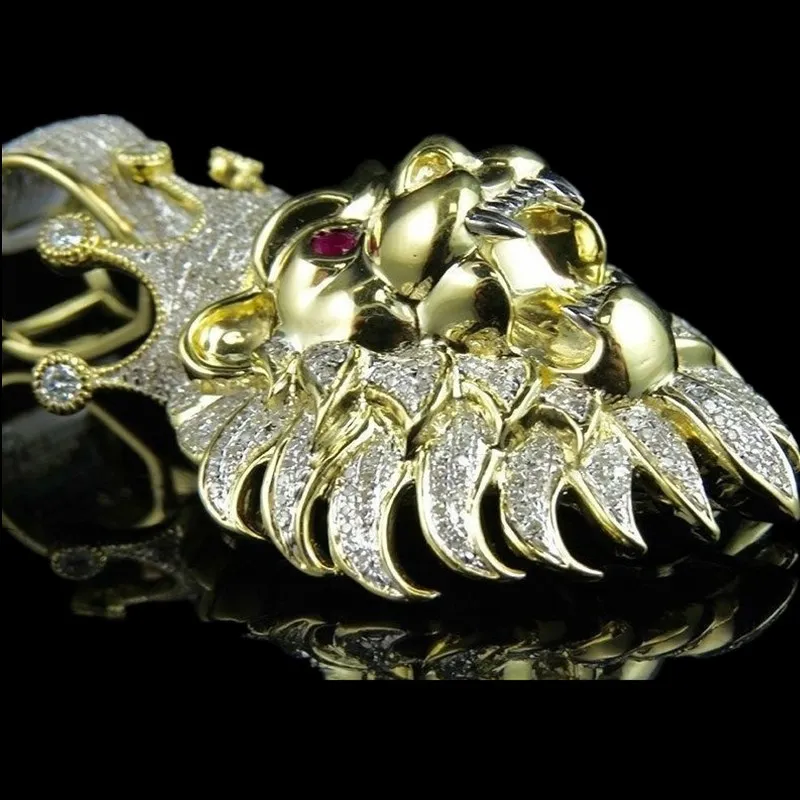 

FDLK Trendy Hip Hop Rock Punk Crown Lion Head Shape Pendant Necklaces All Crystal Luxury Gold Domineering Necklace for Men Women