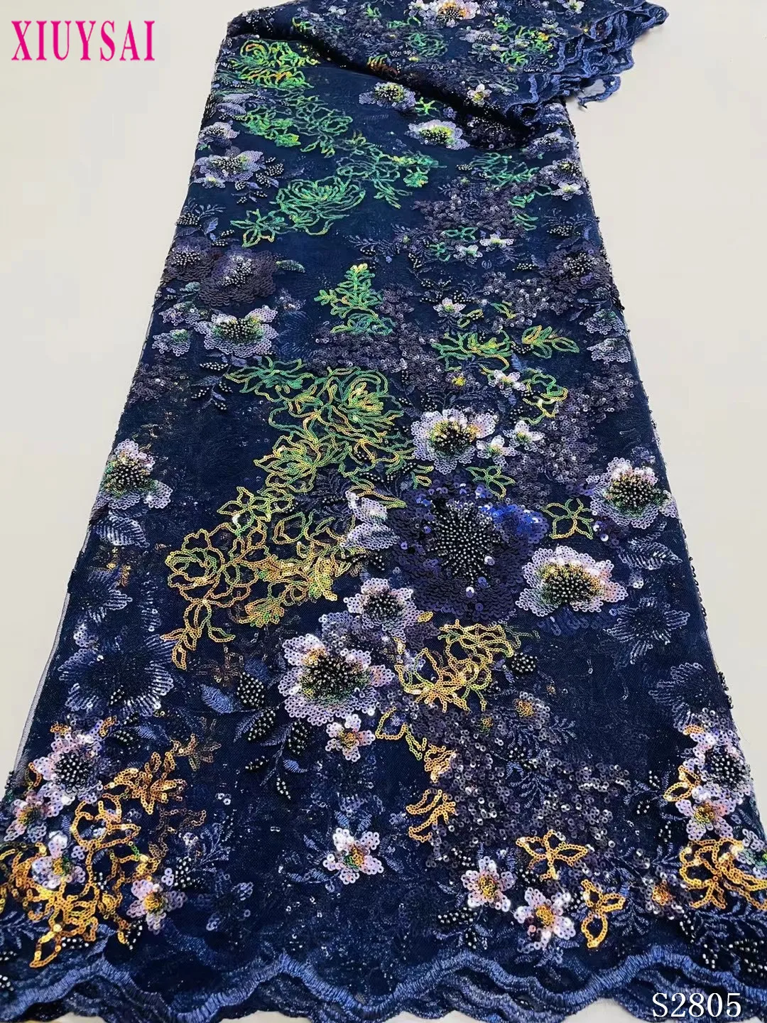 

Blue Beaded Sequins Fabric Lace High Quality Tulle Lace Fabric Luxury Embroidery Nigeria Lace Fabric For Wedding Dress