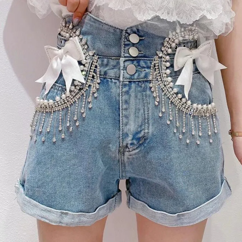 

Женские джинсовые шорты с бахромой и бусинами, летние Широкие джинсовые шорты с высокой талией и бантом, 2021
