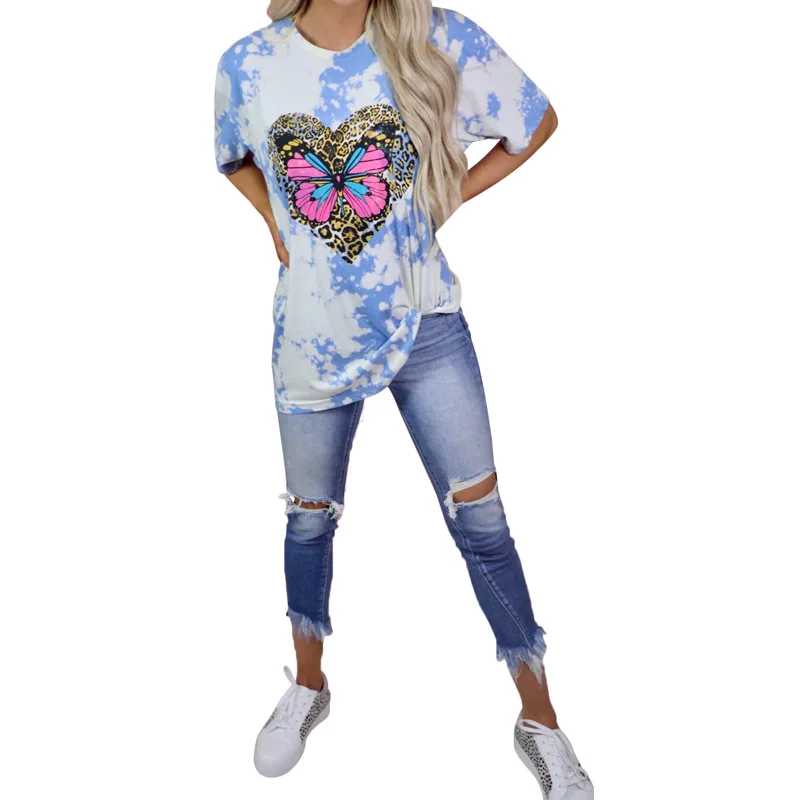 

Womens Summer New Style Butterfly Print Short-Sleeved Round Neck Casual Loose Tshirt Fashion Dyed Wild Commuter Vestidos De Muje