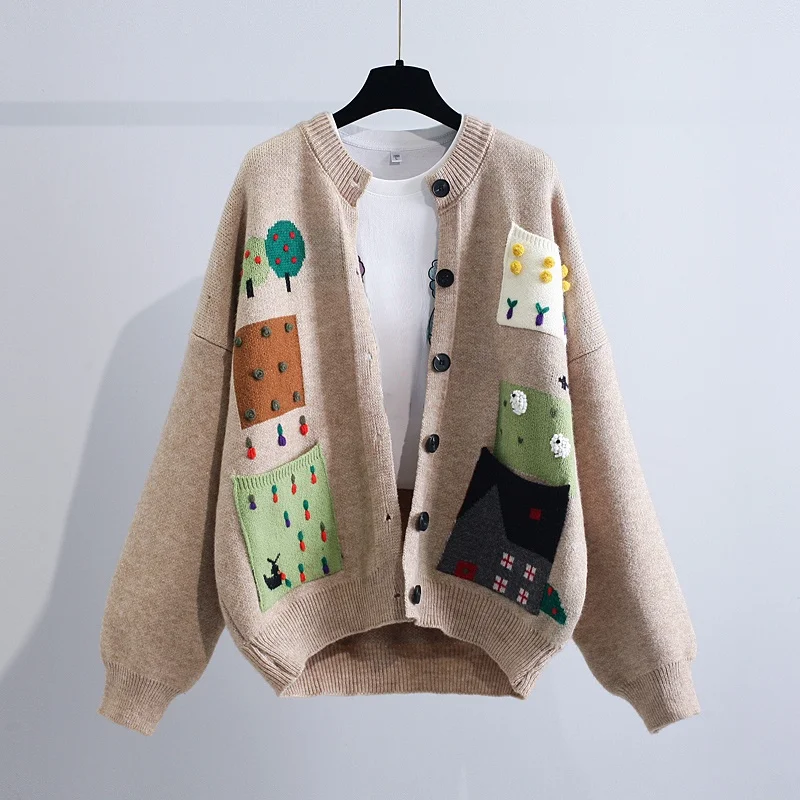 

Vintage Knitted Pocket Women Sweater Cardigan Winter New 2021 Thicken Warm Female Outwear Coats Tops