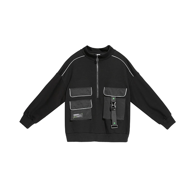 

Black Plus Size Loose Sweatshirt Women Long Sleeve Stand Collar Pullover Reflective Pocket Fashion Clothes New Spring 2021