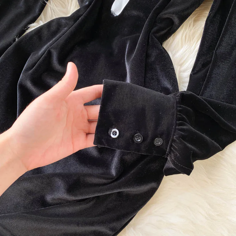 

2021 Spring Korea Fashion Women Vintage Elegant Slim Black O-Neck Puff Sleeve Empire Short Party Dress Vestido De Mujer J142