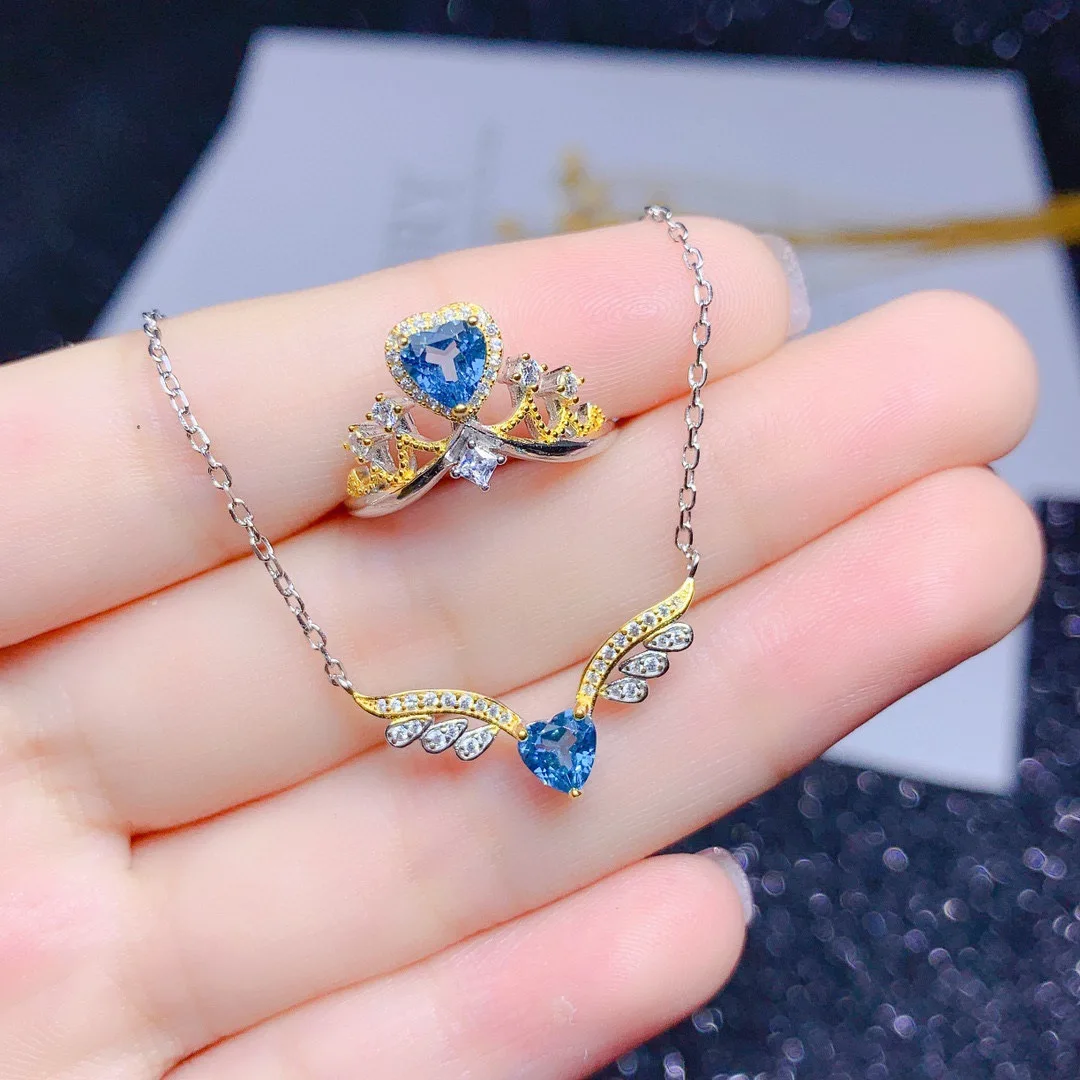 

Foydjew New Angel Wings Rings Imitation Natural Heart-shaped London Blue Topaz Pendants Necklaces Color Treasure Jewelry Sets