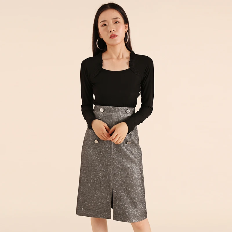 Женская Блестящая Юбка До Колена элегантная офисная серая юбка с высокой талией