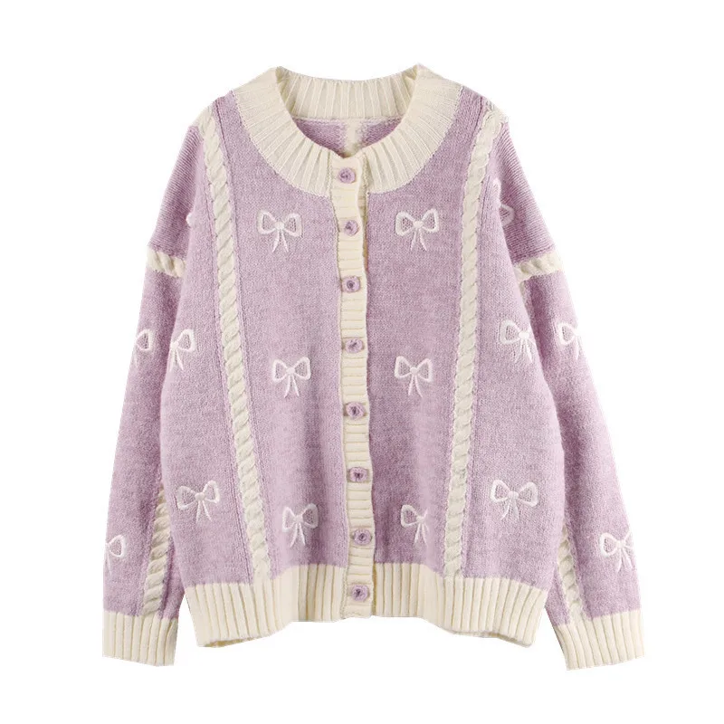 

Fashion Streetwear Bow Embroidery Knitted Cardigan Women 2021 Autumn Winter O-neck Oversize Sweater Coat Harajuku Loose Elegant